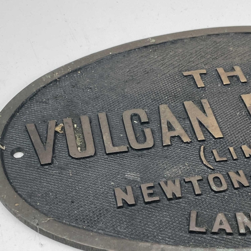 223 - The Vulcan Foundry oval locomotive brass plaque width 24.5cm together with a pair of ceramic tiles w... 