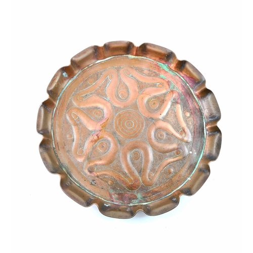 224 - An Arts and Crafts oval Hayle copper tray with foliate rim width 47.5cm together with a small Arts a... 