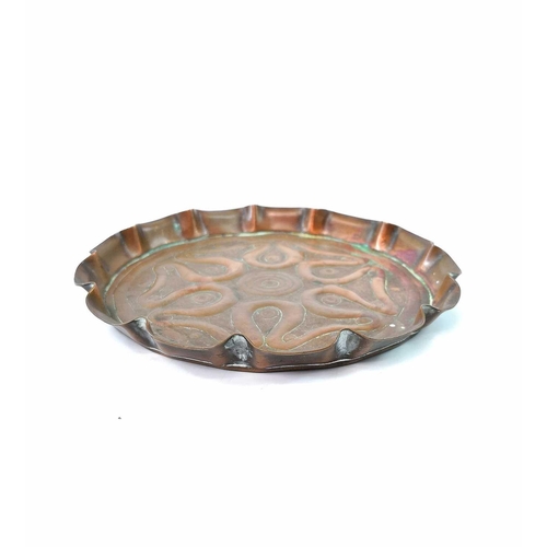 224 - An Arts and Crafts oval Hayle copper tray with foliate rim width 47.5cm together with a small Arts a... 