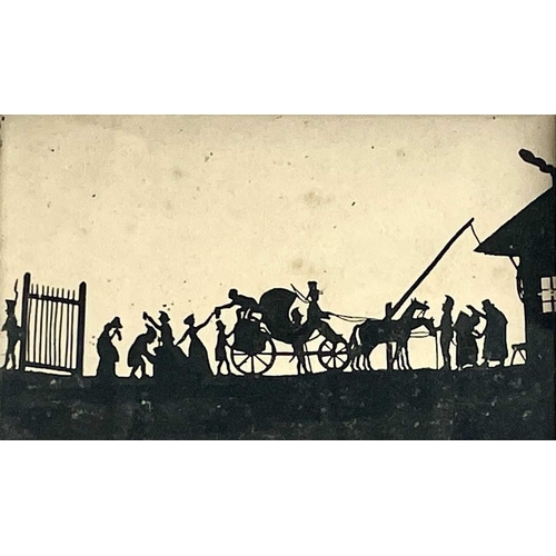 226 - A framed ink silhouette, 19th century, the arrival of a carriage at a lodge, 7.5X12.5cm.