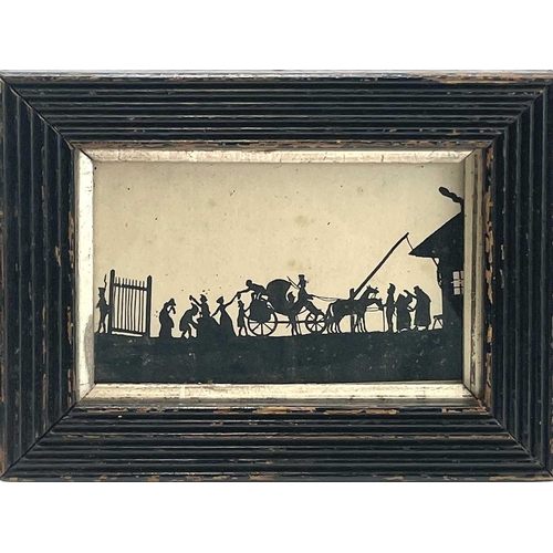 226 - A framed ink silhouette, 19th century, the arrival of a carriage at a lodge, 7.5X12.5cm.