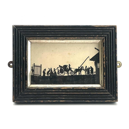 226 - A framed ink silhouette, 19th century, the arrival of a carriage at a lodge, 7.5X12.5cm.