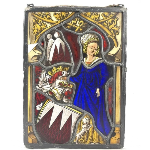 227 - A stained glass panel, 17th/18th century, depicting a lady in a blue dress with a dog at her feet, 3... 