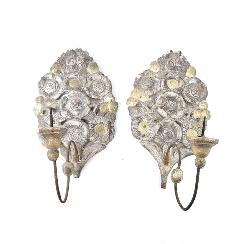 228 - A pair of papier mache pricket wall sconces, 19th century, with silvered and gilt floral decoration,... 