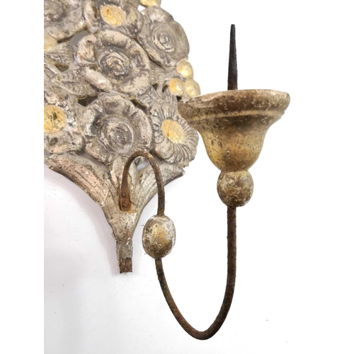 228 - A pair of papier mache pricket wall sconces, 19th century, with silvered and gilt floral decoration,... 