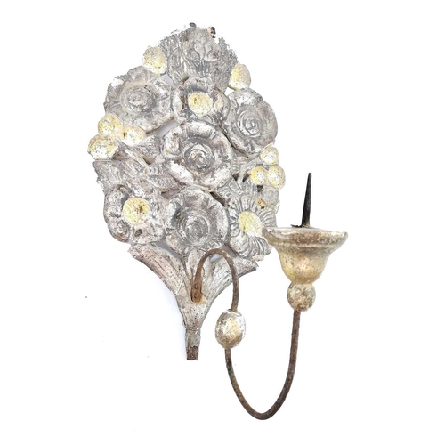 228 - A pair of papier mache pricket wall sconces, 19th century, with silvered and gilt floral decoration,... 