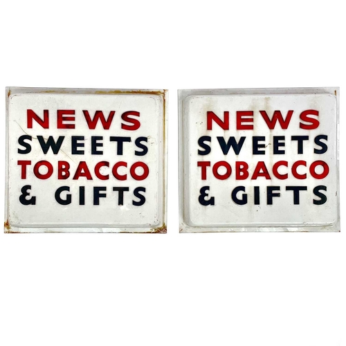 230 - A vintage perspex newsagents sign, 'News Sweets Tobacco & Gifts', 61X68cm, and another matching sign... 