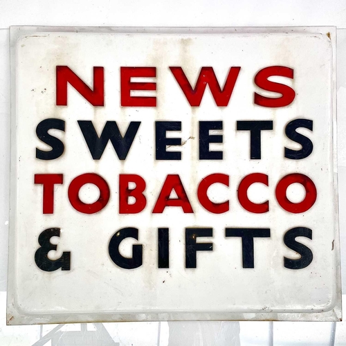 230 - A vintage perspex newsagents sign, 'News Sweets Tobacco & Gifts', 61X68cm, and another matching sign... 