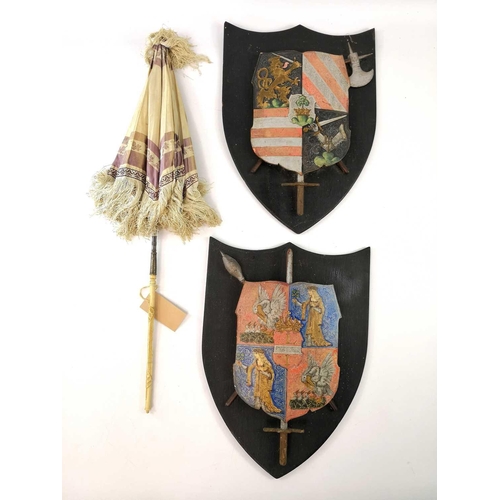 232 - A silk and bone handled parasol with metal mounts, length 61cm together with a pair of painted wood ... 