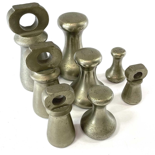 233 - A set of four nickel bell weights, 7LB - 1LB, together with another similar set (8 in total).