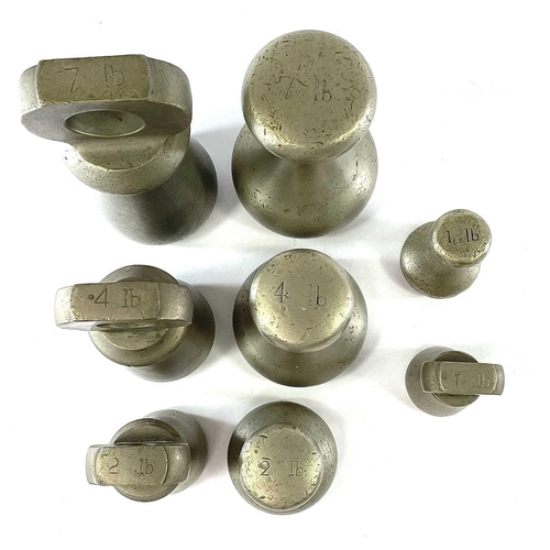 233 - A set of four nickel bell weights, 7LB - 1LB, together with another similar set (8 in total).