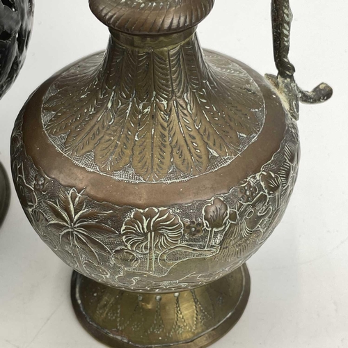 234 - An Archaic style cast metal water vessel and cover, with chain handle, height 21cm, together with a ... 