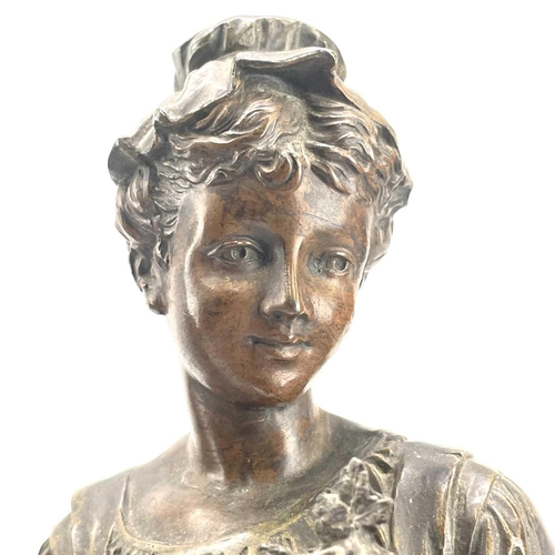 237 - A pair of French spelter figures, circa 1890, titled 'Gallant Jardinier' & 'Belle Fermier', on eboni... 