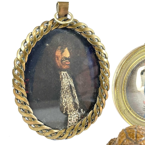 259 - An oval portrait miniature of a Gentleman in 17th century dress wearing a white jabot, 8.5X6.5cm, to... 