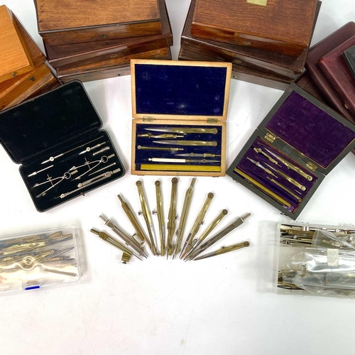 274 - A collection of assorted drawing instruments, Victorian and later, including cased sets and spares (... 