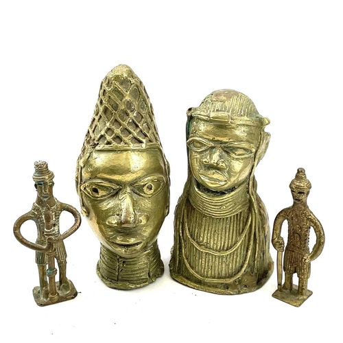 275 - A Benin bronze head, height 14cm together with another Benin bronze bust and two small bronze figure... 