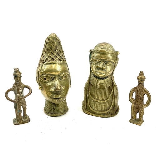 275 - A Benin bronze head, height 14cm together with another Benin bronze bust and two small bronze figure... 