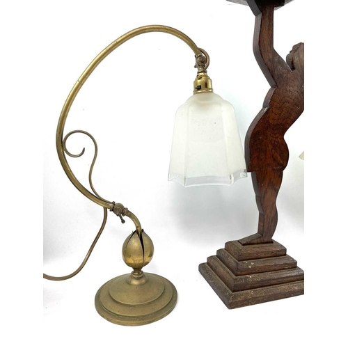 278 - An Edwardian brass adjustable table lamp, with swept support and opaque glass shade, height 41cm, to... 