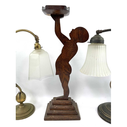 278 - An Edwardian brass adjustable table lamp, with swept support and opaque glass shade, height 41cm, to... 