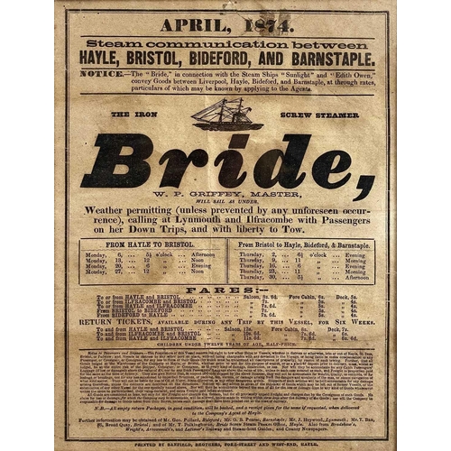 28 - Cornish maritime interest, A Victorian advertising poster/flyer, for the iron screw steamer 'Bride',... 