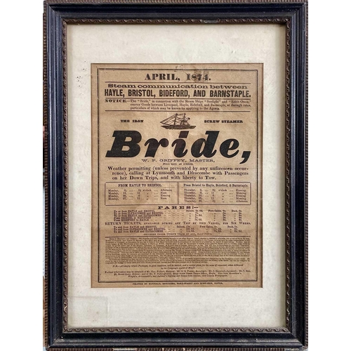 28 - Cornish maritime interest, A Victorian advertising poster/flyer, for the iron screw steamer 'Bride',... 