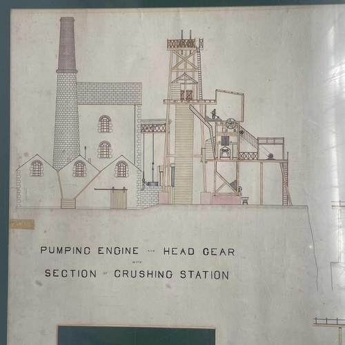 345 - An early 20th century technical drawing of possibly Dolcoath mine Pumping Engine and Head Gear with ... 