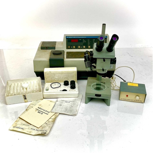 376 - A PYE Unicam SP6 Series PU 8600 UV/VIS Spectrophotometer together with a Russian made MBS-10 stereos... 