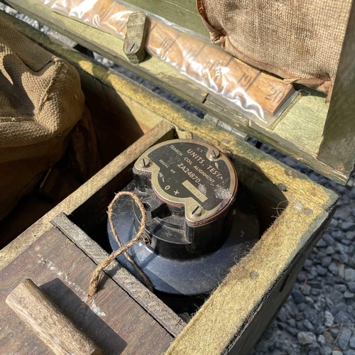 393 - A WWII mine detector, contained in a canvas bag dated 1945 and in a metal-bound trunk, overall width... 