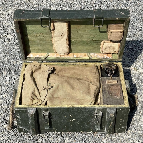 393 - A WWII mine detector, contained in a canvas bag dated 1945 and in a metal-bound trunk, overall width... 