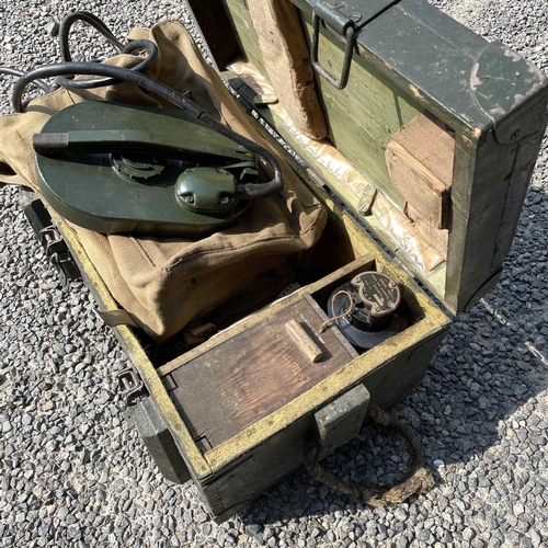 393 - A WWII mine detector, contained in a canvas bag dated 1945 and in a metal-bound trunk, overall width... 