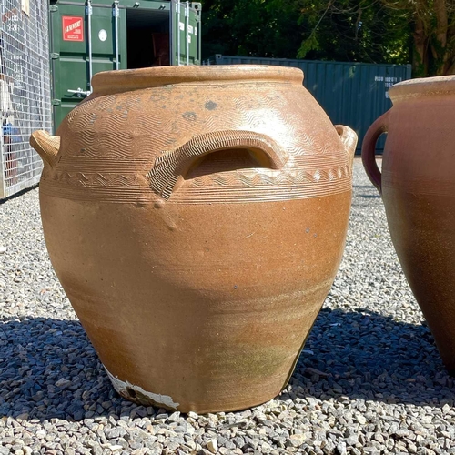 607 - A matched pair of large stoneware jardiniere with four lug handles, height 55cm diameter 63cm togeth... 