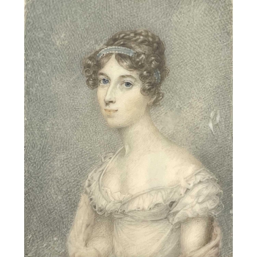 62 - Portrait miniature, English School, early 19th century A lady with a pearl fringed blue ribbon in he... 