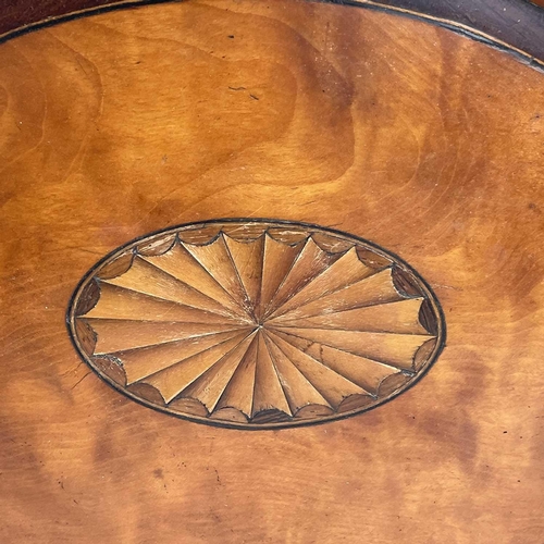 72 - A George III style satinwood and mahogany banded small oval tea tray, with central fan inlay, width ... 