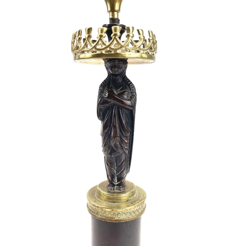 8 - A French bronze and ormolu figural candelabrum, circa 1900, with twin branches supported by a Classi... 