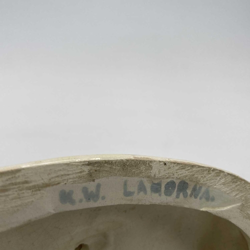 802 - Kate Westrup, A Lamorna pottery mare and foal group, the oval base with applied scattered flowerhead... 