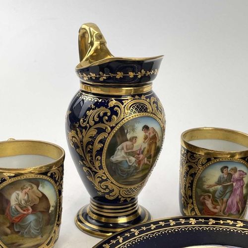 808 - A Vienna porcelain coffee set, circa 1890, painted with Classical scenes, many titled, within gilt a... 