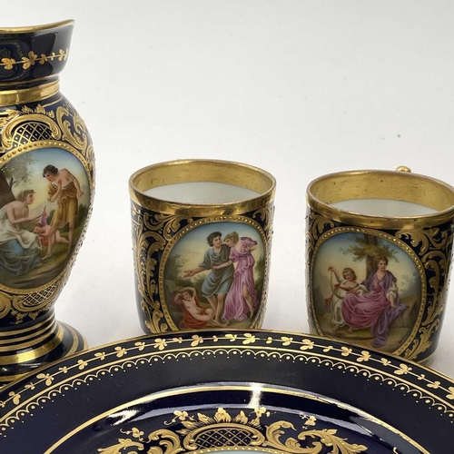 808 - A Vienna porcelain coffee set, circa 1890, painted with Classical scenes, many titled, within gilt a... 