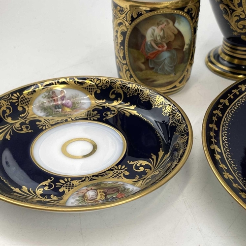 808 - A Vienna porcelain coffee set, circa 1890, painted with Classical scenes, many titled, within gilt a... 