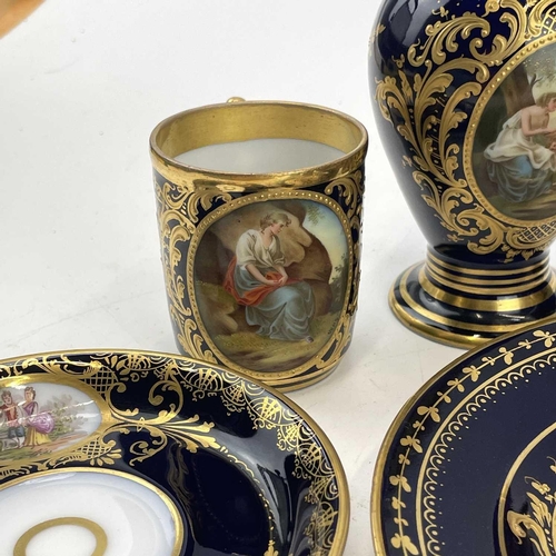 808 - A Vienna porcelain coffee set, circa 1890, painted with Classical scenes, many titled, within gilt a... 