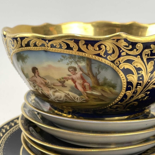 808 - A Vienna porcelain coffee set, circa 1890, painted with Classical scenes, many titled, within gilt a... 