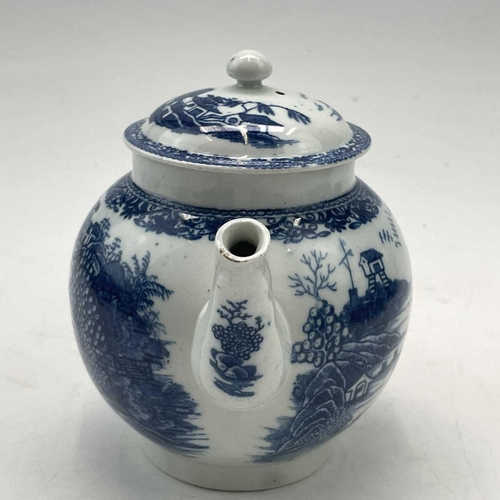 824 - A blue and white teapot and cover, probably Worcester, circa 1770, printed with pavillions and build... 