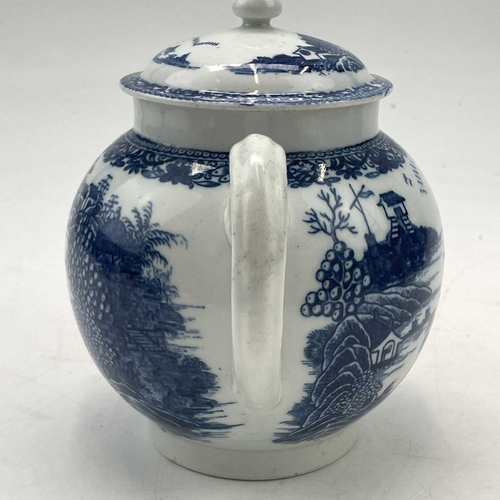 824 - A blue and white teapot and cover, probably Worcester, circa 1770, printed with pavillions and build... 