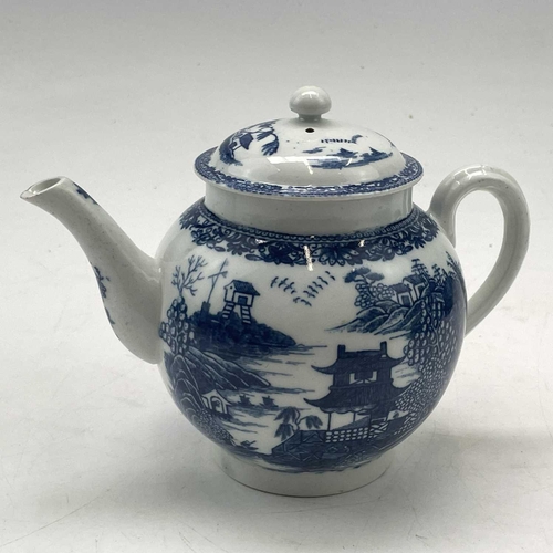 824 - A blue and white teapot and cover, probably Worcester, circa 1770, printed with pavillions and build... 