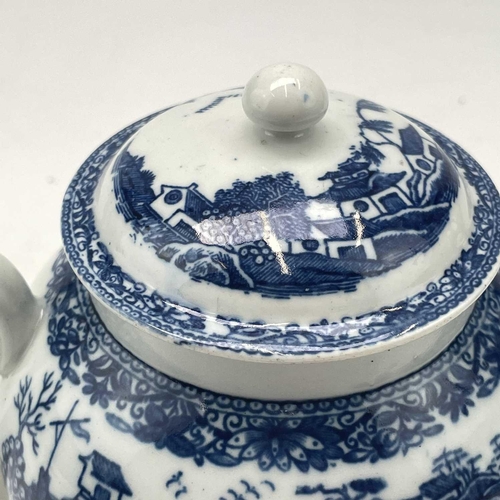 824 - A blue and white teapot and cover, probably Worcester, circa 1770, printed with pavillions and build... 