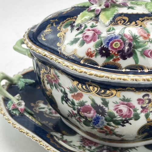 826 - A Worcester blue scale porcelain sauce tureen, cover and stand, circa 1770, with floral painted deco... 