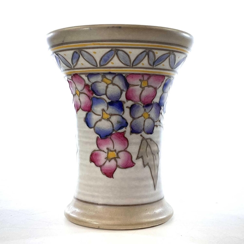 848 - Charlotte Rhead, a Crown Ducal vase, with side handle and floral painted decoration, height 13cm, to... 