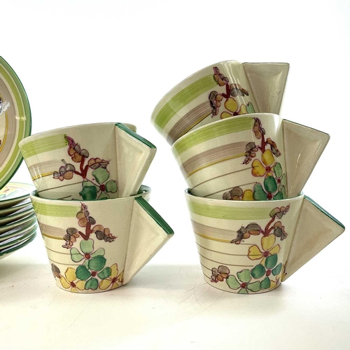 853 - Clarice Cliff, green Hydrangea, a set of eight cups and saucers, the cups with slightly indented tri... 