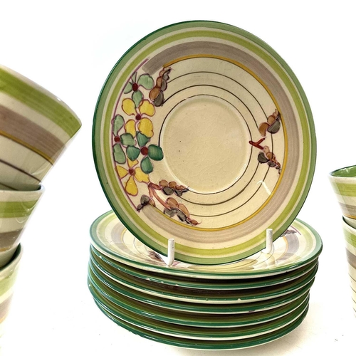 853 - Clarice Cliff, green Hydrangea, a set of eight cups and saucers, the cups with slightly indented tri... 