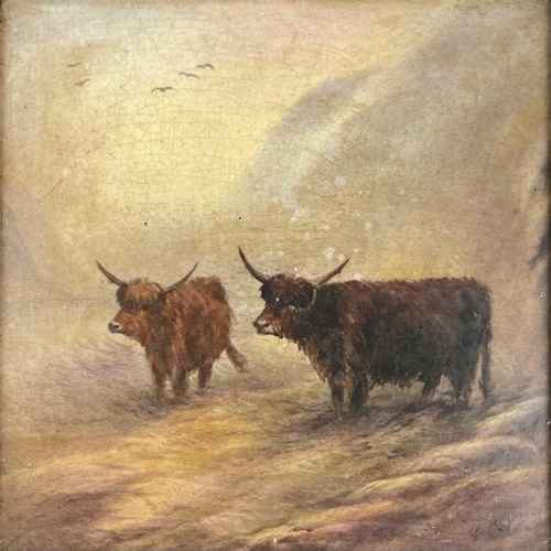 856 - A pair of Feildings Crown Devon pottery wall plaques decorated with highland cattle by G Cox in orig... 