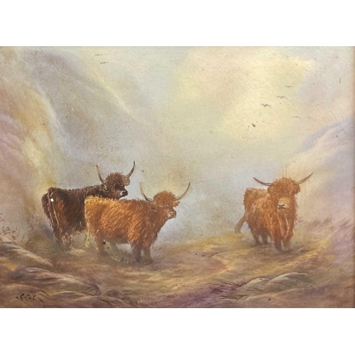 857 - A pair of Feildings Crown Devon pottery wall plaques decorated with highland cattle by G Cox in orig... 